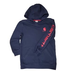 Carhartt Kids Navy Blue Hoodie Red Sleeve Logo Sweatshirt Size L 14/16 RN13706